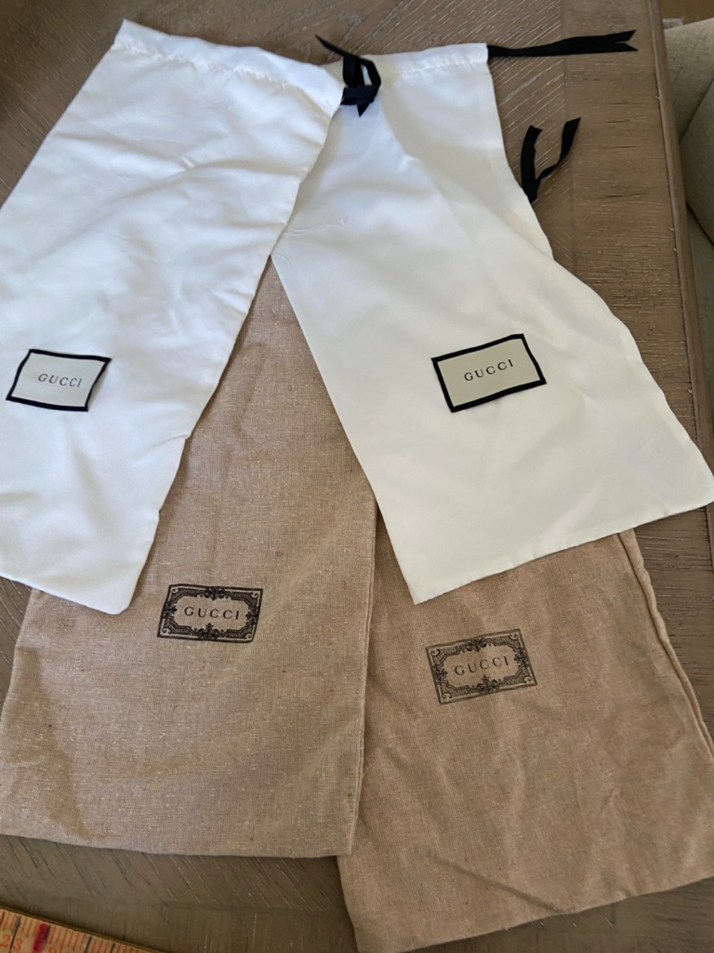 Gucci White Satin Drawstring Shoe Bags with Black Logo Patch (Pair)